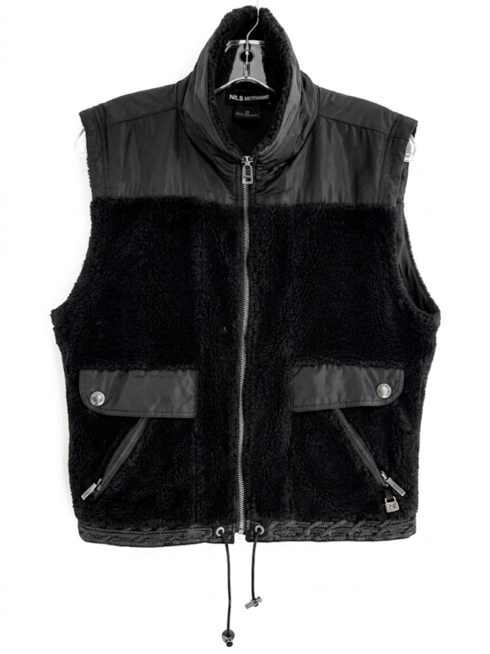 NILS Black Mixed Media Sherpa Fleece Puffer Ski Vest Mock Neck Zip Pockets Small